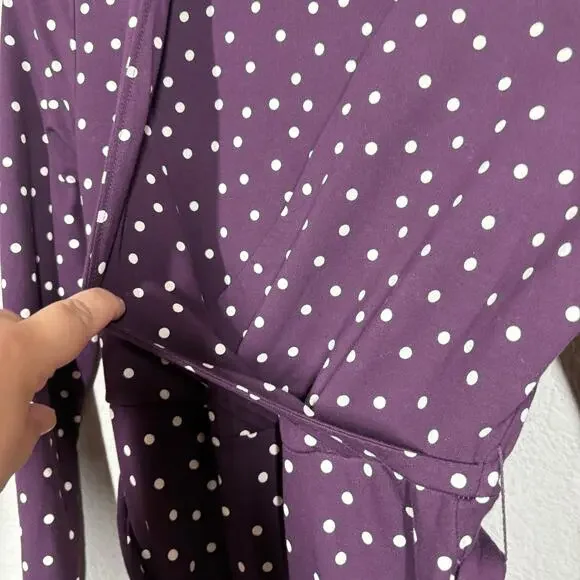 Pact Medium Fit & Flare Faux Wrap Dress Purple Polka Dot Belted Long Sleeves - Picture 8 of 11